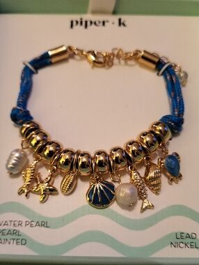 Piper K Gold and Blue Nautical Charm Bracelet with Pearls COSTAL BEACHY